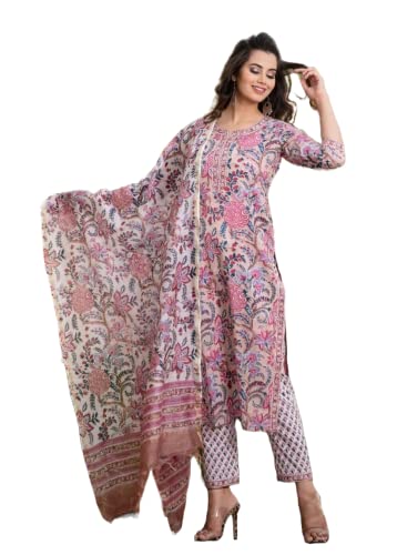 KLOSIA Women Printed Kurta and Pant Set with Dupatta (X-Large) Pink