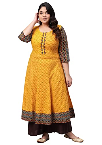 Yash Gallery Women's Plus Size Cotton Geometric Printed Anarkali Kurta for Women (1003YKMUSTARD_Mustard_XXXXX-Large)