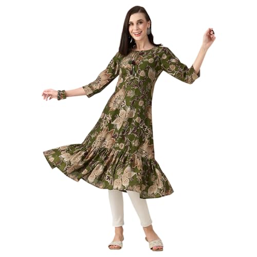 ZOLA Muslin Kalamkari Print Calf Length Green Flared Kurta for Women with Round Tie Up Neck