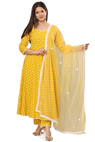 miss fame Women's Cotton Anarkali Kurta with Pants and Dupatta - (Yellow, Medium)