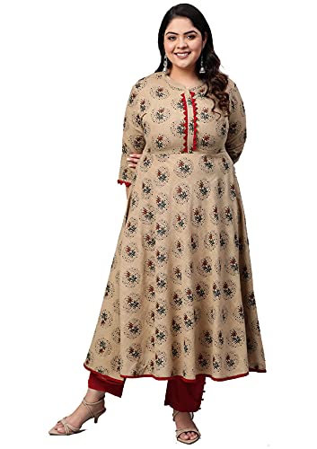 Yash Gallery Women's Plus Size Cotton Blend Printed Anarkali Kurta for Women (1001YKBEIGE_Beige_XXX-Large)