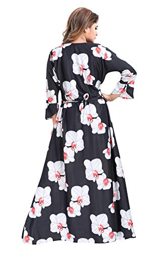 YKI Women's Sarina Beautiful Print Floral Full-Flare Maxi Nighty with Long Sleeves/Night Gown/Nightwear (Black, Red, XL)