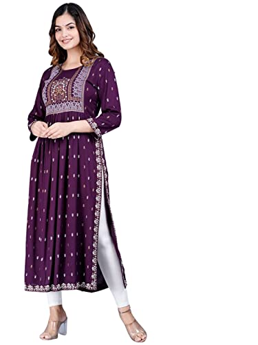 rytras Women's Rayon Printed Purple Nayra Cut Flared Kurta (Large)