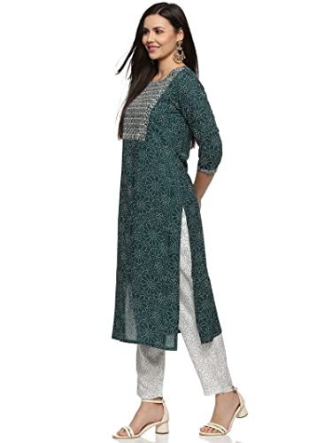 RAJMANDIRFABRICS Women Rayon Kurta Pant with Dupatta Set (PK10111000-XXL_Bottal Green & White_2XL)