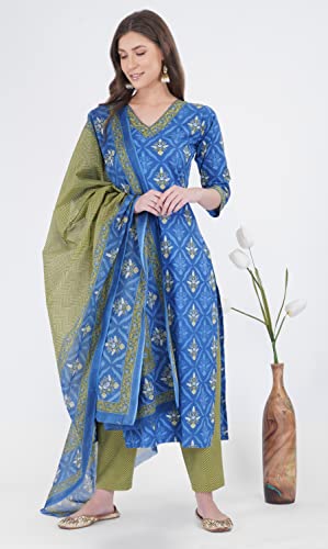 RATAN Women Cotton Kurta Palazzo With Dupatta Set (GUL4546_M_Indigo_M)