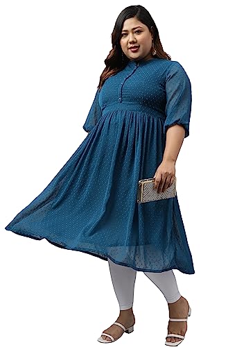 XL LOVE - By Janasya Women's Plus Size Teal Poly Chiffon Self Design Flared Kurta(PJNE3798-KR-6XL)