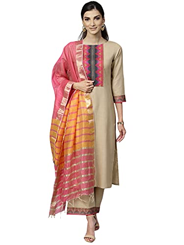 INDO ERA Solid Straight Pure Cotton Kurta Palazzo with Dupatta Set for Women(IE10KS4BE1096_Beige_X-Large)