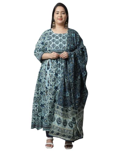 Rajnandini Women's Pure Cambric Cotton Printed Plus Size Kurta Set with Dupatta (JOPLVL218X-5XL_Blue_5XL)