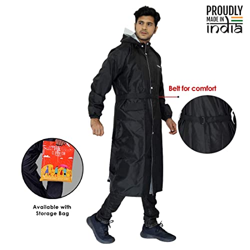 THE CLOWNFISH Reversible Use Unisex Waterproof Long Coat Raincoat for Men and Women with Adjustable Hood and Reflector at Back for Night Visibility Opener Series (Black-Free Size)