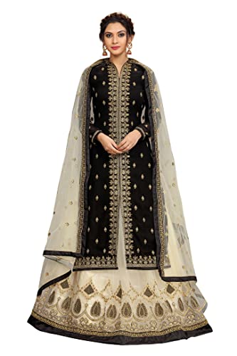 Trendmalls Women's Georgette Net Embroidery Salwar Suit Set Kurta Lehenga with Dupatta (TM.G80-Black-L-)