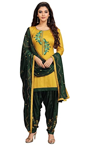 Panash Trends Women's Satin Silk Embroidery Salwar Suit Unstitched (Yellow)