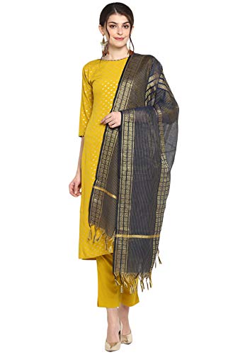 Janasya Women's Mustard Poly Crepe Gold Print Kurta with Pant and Dupatta