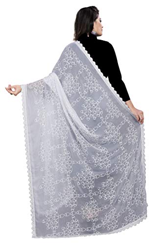 AKSHAR LLC Miss India Women's Chiffon Dupatta with Heavy Embroidery Work (White2)