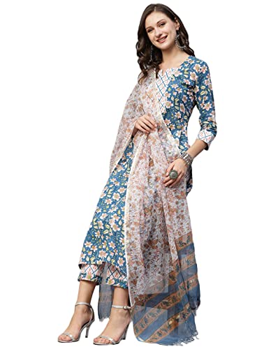 ANNI DESIGNER Women's Cotton Blend Staright Printed Kurta with Pant & Dupatta (Kuntu Green_L_Green_Large)