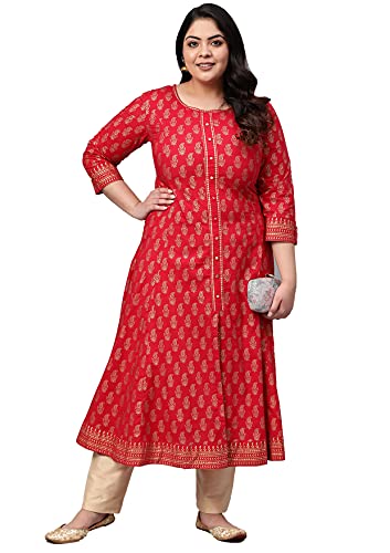 Yash Gallery Women's Plus Size Cotton Gold Print Anarkali Kurta (Pink)