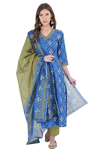 RATAN Women Cotton Kurta Palazzo With Dupatta Set (GUL4546_M_Indigo_M)