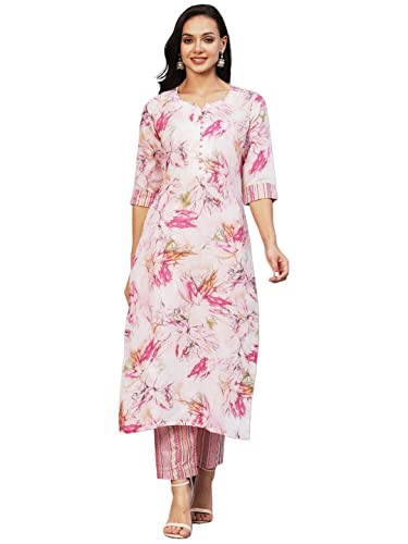 GoSriKi Women's Cotton Blend Floral Straight Kurta with Pant (PS-GS_Pink