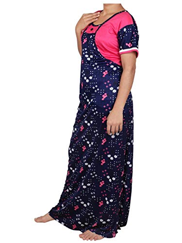 YKI Women's Synthetic Print Maxi Nightwear (RG-01_Navy Pink_XL)