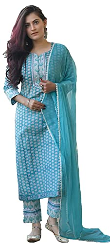 GoSriKi Women's Cotton Blend Printed Straight Kurta with Pant & Dupatta (Sky Bird-Blue_XXL-GO_Blue_XX-Large)