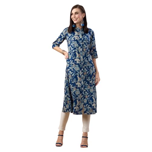 ZOLA Mandarin Collar Rayon All Over Botanical Print Blue A-line Kurta for Women