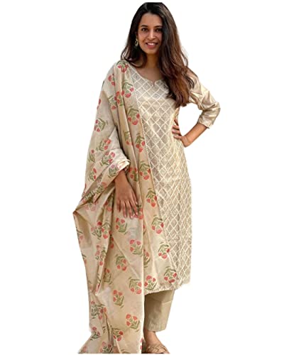 GoSriKi Women's Cotton Blend Embroidered Straight Kurta with Pant & Dupatta (MYSURU-Cream_XL-GS_Cream_X-Large)