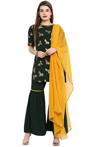 Janasya Women's Dark Green Poly Crepe Gold Print Kurti with Sharara and Dupatta