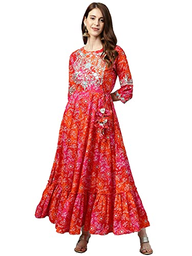 rytras Women's Cotton Printed Anarkali Embroidery Kurti(Red & Orange,L)