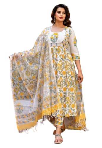 KLOSIA Women Block Printed Anarkali Kurta and Pant Set with Dupatta (X-Large) White