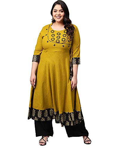 Yash Gallery Women's Plus Size Cotton Slub Sequin Work Angrakha Kurta for Women (1059YKMUSTARD_Mustard_XXXXX-Large)