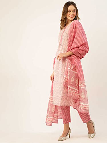 ZOLA Round Neck Cotton All Over Ethnic Print Pink Straight Kurta Set for Women with Dupatta