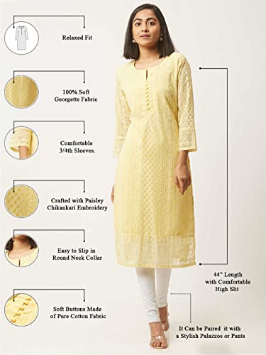 ZOLA Georgette Lucknowi Chikankari Straight Georgette Kurta for Women Regular Fit Round Neck with Full Sleeves & Calf Length Light Green