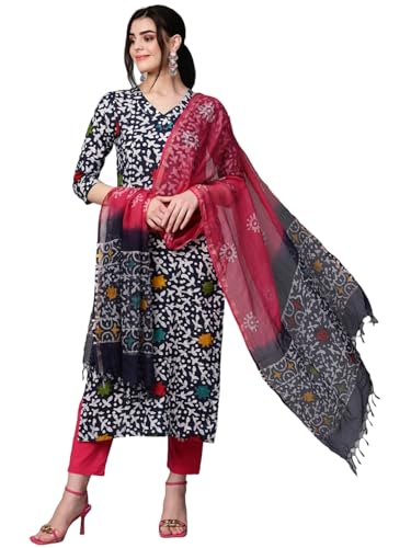 ANNI DESIGNER Women's Cotton Blend Printed Straight Kurta with Pant & Dupatta (Khara Blue_XXL_Blue_XX-Large)