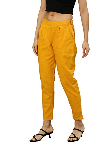 YASH GALLERY Women's Cotton Slub Solid Regular Fit Casual Trouser Pants Mustard