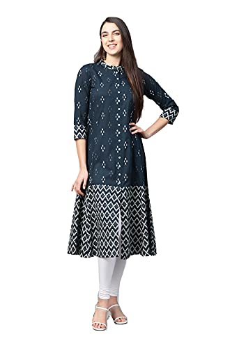 Yash Gallery Women's Cotton Ikat Printed A-Line Kurta for Women (1270YKBLUE_Blue_Medium)