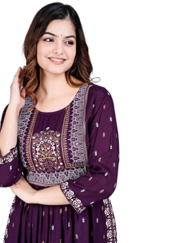 rytras Women's Rayon Printed Purple Nayra Cut Flared Kurta (Large)