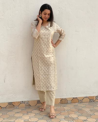 GoSriKi Women's Cotton Blend Embroidered Straight Kurta with Pant & Dupatta (MYSURU-Cream_XL-GS_Cream_X-Large)