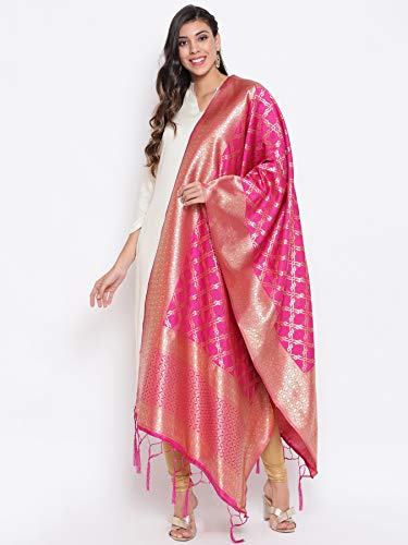 Lilots Women's Banarasi Silk Jacquard Woven Dupatta Gorgeous Printed Designer Chunni (Rani Pink)