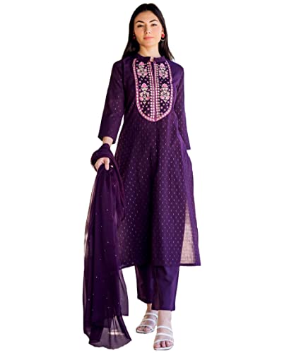 GoSriKi Women's Cotton Blend Straight Printed Kurta with Pant & Dupatta (RAJI-BEGANI-GS_M_Purple_Medium)