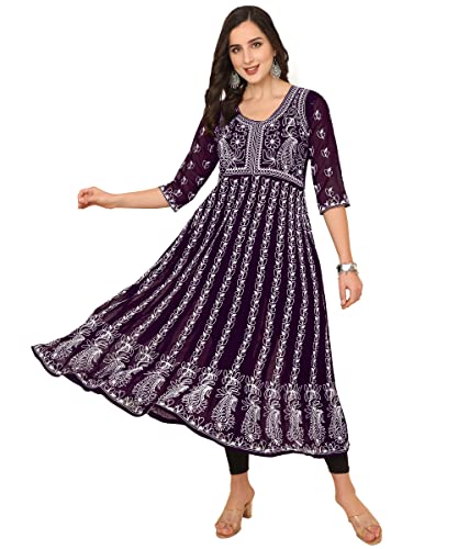 EthnicJunction Women's Georgette Chikankari Embroidered Anarkali Kurta (B19-Apsara-Wine_S_Purple)