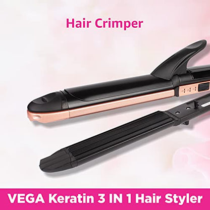 Vega 3 in 1 Hair Styler- Hair Straightener for Women, Hair Curler & Hair Crimper, India's No.1* Hair Styler Appliance Brand, (Keratin Hair Styler, VHSCC-03), Rose Gold