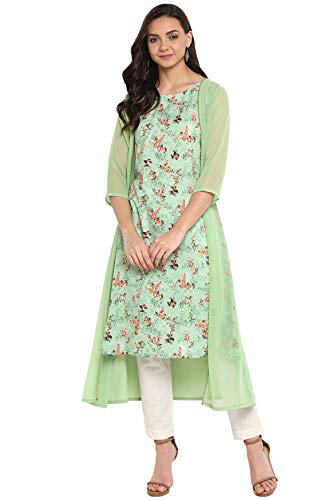 Janasya Women's Green Crepe Printed A-line Kurta