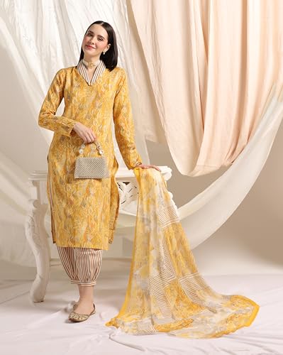 Leriya Fashion Cotton Blend Floral Foil Printed Indian Ethnic Kurta with Pant Set for Women Fancy Patiyala Pant Set for Traditional Ceremony Party Office Wear Kurti Set (Small, Yellow)