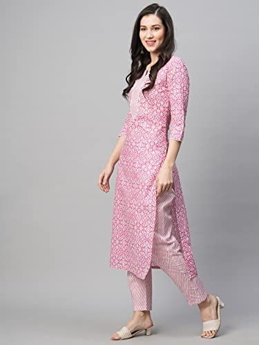 ANNI DESIGNER Women's Cotton Blend Printed Straight Kurta with Pant (Kavi Pink-NwFB08_M_Pink_Medium)