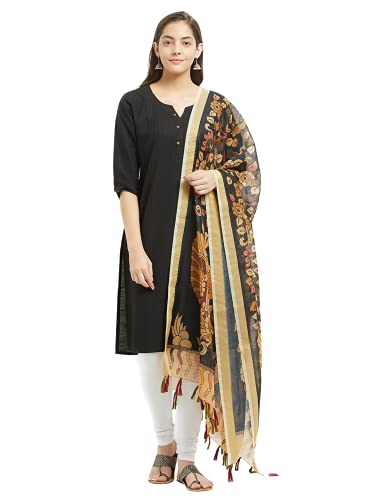 Faserz Kalamkari Digital Print Chanderi Silk Dupatta For Women (Length:2.30 Mts, Width: 36 Inch, Colors: Black & Beige) (Black)