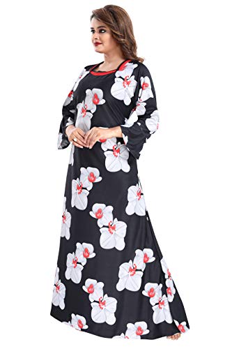 YKI Women's Sarina Beautiful Print Floral Full-Flare Maxi Nighty with Long Sleeves/Night Gown/Nightwear (Black, Red, XL)