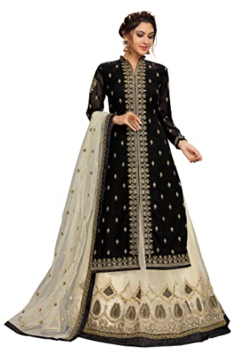 Trendmalls Women's Georgette Net Embroidery Salwar Suit Set Kurta Lehenga with Dupatta (TM.G80-Black-L-)