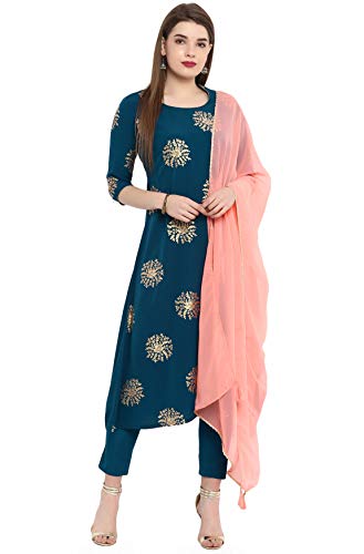 Janasya Women's Turquoise Blue Poly Crepe A-Line Kurta with Pant and Dupatta(Turquoise Blue_Medium)