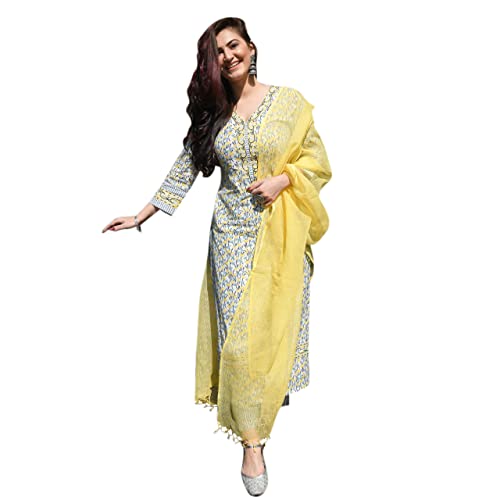 GoSriKi Women's Cotton Blend Kurta with Pant & Dupatta (MURHAR-Yellow_M-GO Medium)