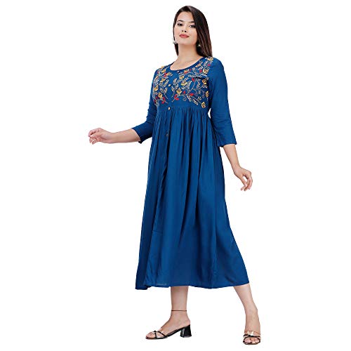 DMP FASHION Women's Rayon Embroidery Work Flared Kurti (Teal Blue)