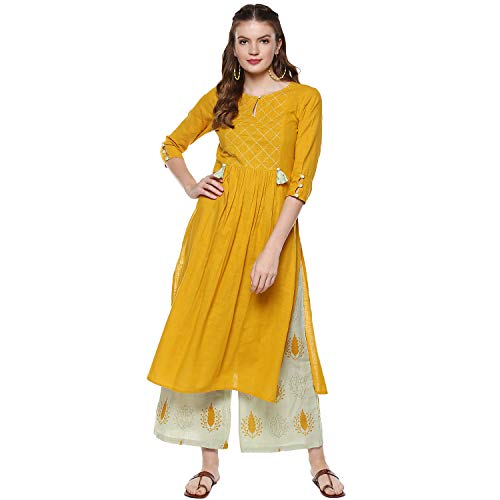 idaLia Mustard and Sage Green Straight Cotton Kurta with Palazzo Pant Set - Ethnic Kurta Set for Women, Ideal for Wedding & Festive Occasions - 3/4 Sleeve, Round Neck, Calf Length